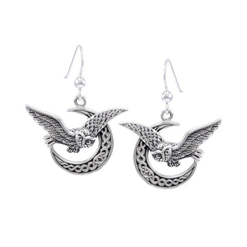 Owl Flying on Celtic Crescent Moon Silver Earrings TER1489 - Jewelry
